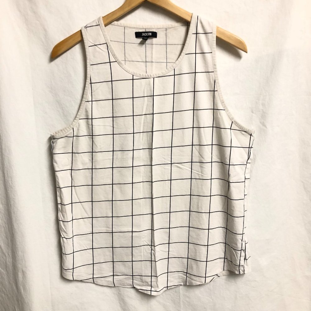 Jackson, white and black window pane tank top, curved hem, mens small
